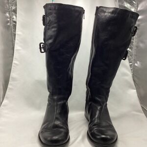Clarks Black Leather Knee High Boots Buckle Zip Women Size 7.5 M